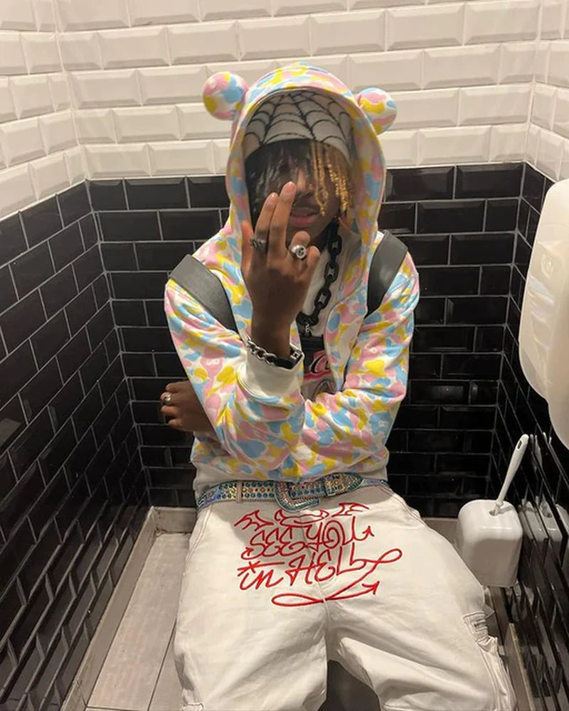 New American Street Trend Y2K Retro Printed Jeans for Men and Women Loose Straight Wide-Leg Pants Ins Casual Hip-Hop Trousers