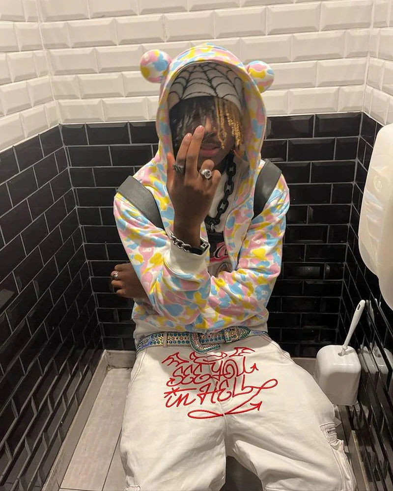 New American Street Trend Y2K Retro Printed Jeans for Men and Women Loose Straight Wide-Leg Pants Ins Casual Hip-Hop Trousers