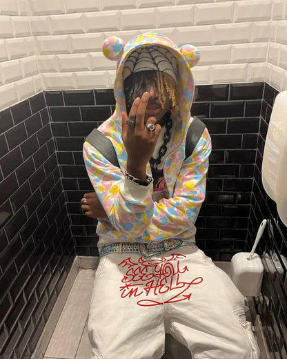 New American Street Trend Y2K Retro Printed Jeans for Men and Women Loose Straight Wide-Leg Pants Ins Casual Hip-Hop Trousers