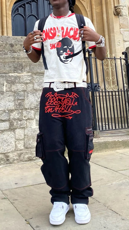 New American Street Trend Y2K Retro Printed Jeans for Men and Women Loose Straight Wide-Leg Pants Ins Casual Hip-Hop Trousers