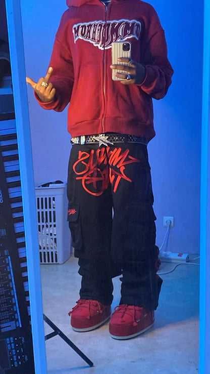 New American Street Trend Y2K Retro Printed Jeans for Men and Women Loose Straight Wide-Leg Pants Ins Casual Hip-Hop Trousers